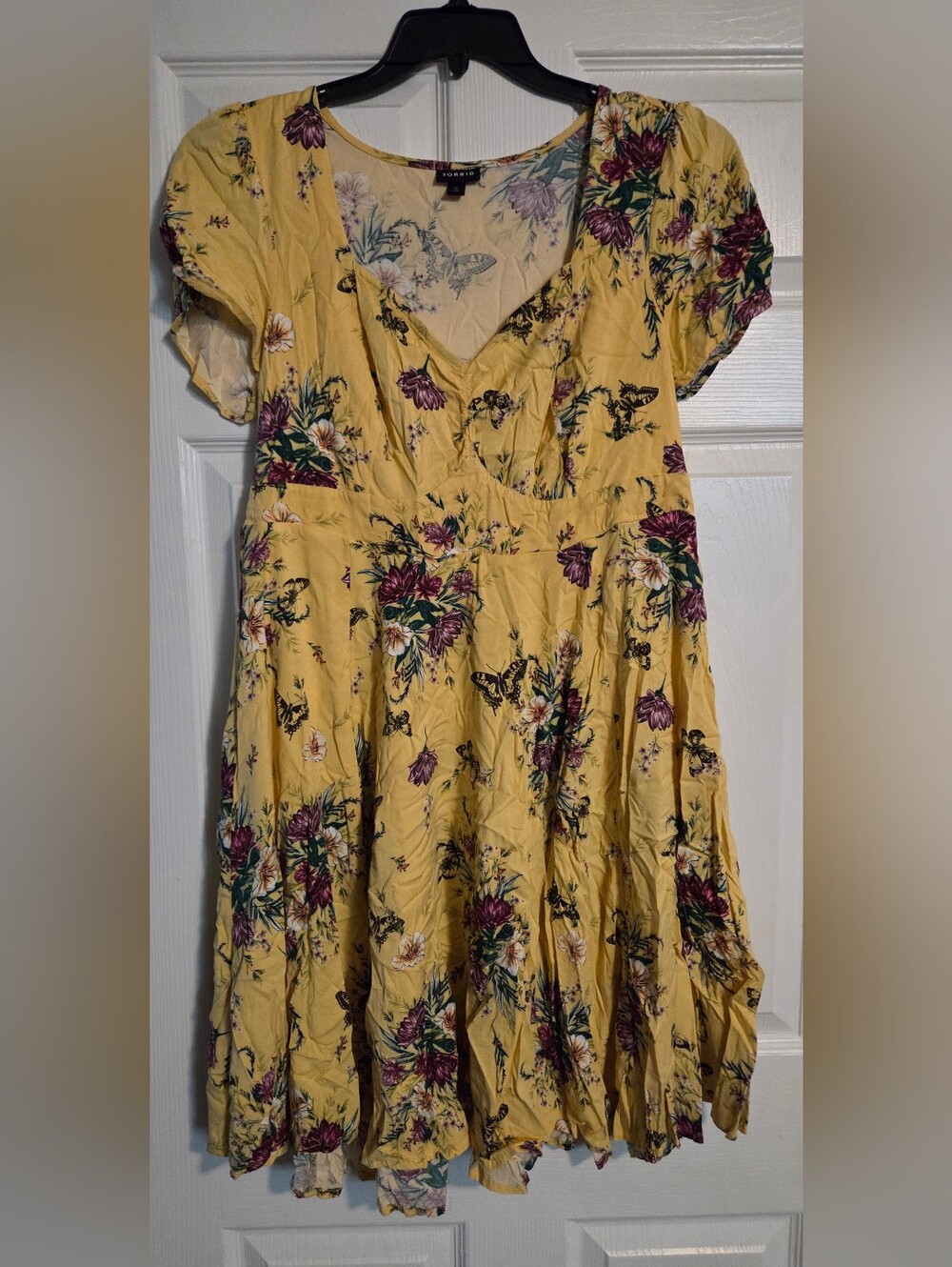 torrid Yellow Floral V-Neck Midi Dress with Purple & Green Accents
